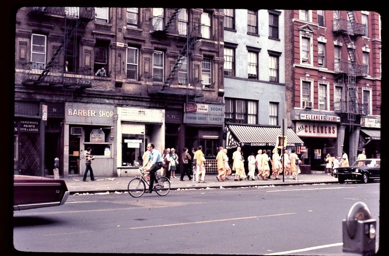 L-R: 71, 73, 75, 77 2nd Avenue, west side between 4th & 5th Streets, with Hare Krishna procession. 1969.<br/>